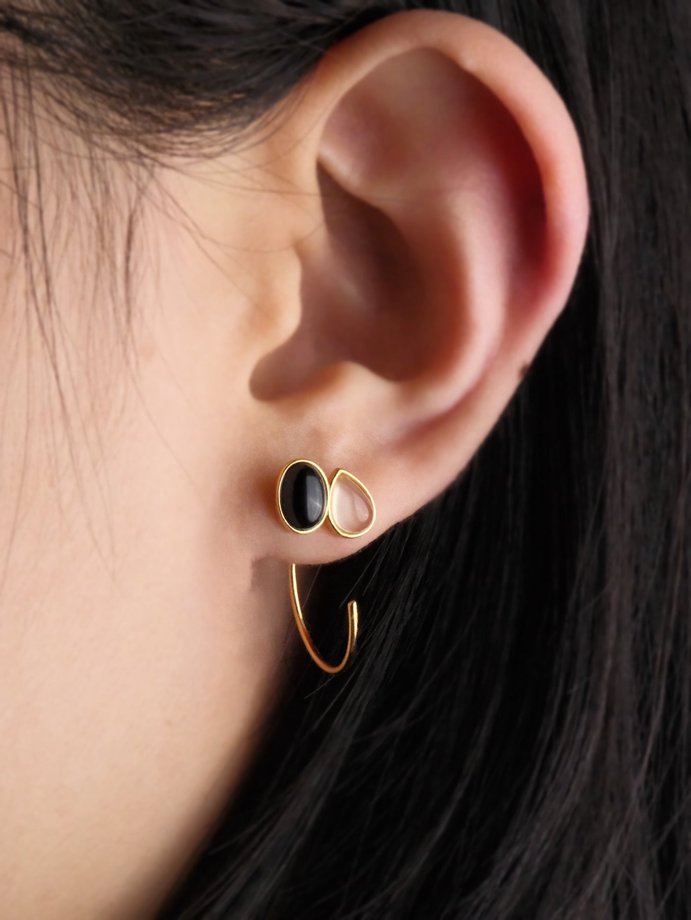 Open Hoop Onyx Earrings in gold